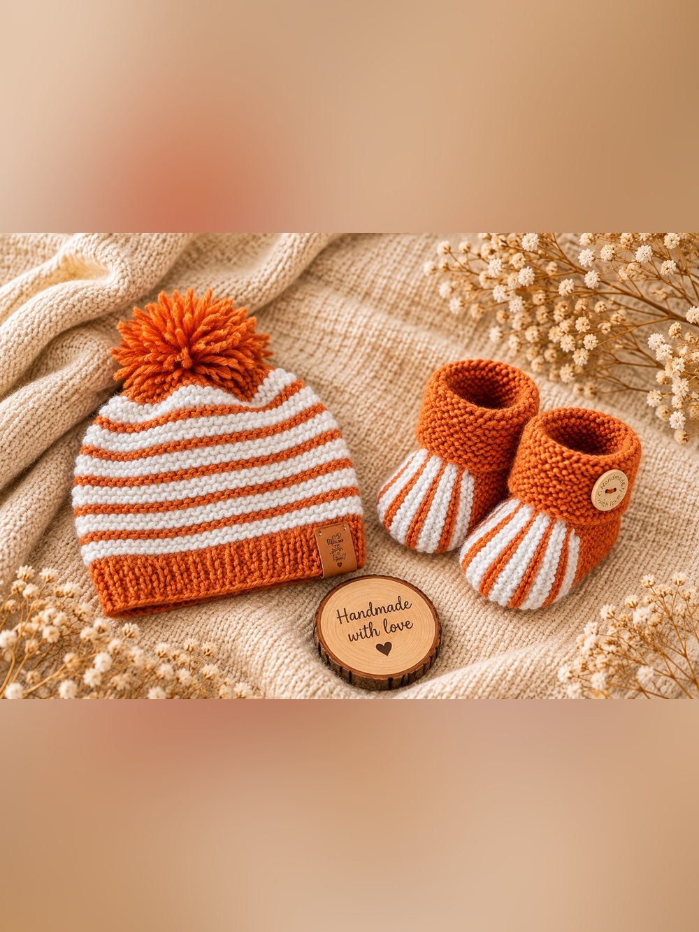 Handmade Baby Knit Hat & Booties Set - Orange and White
